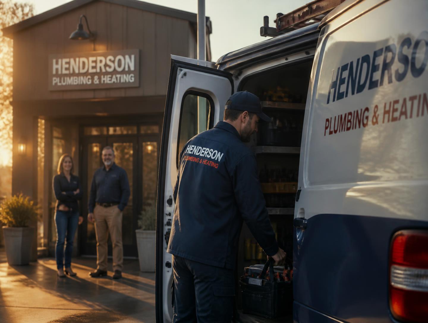 Service technician loading tools into a branded van outside a family-owned shop at sunrise