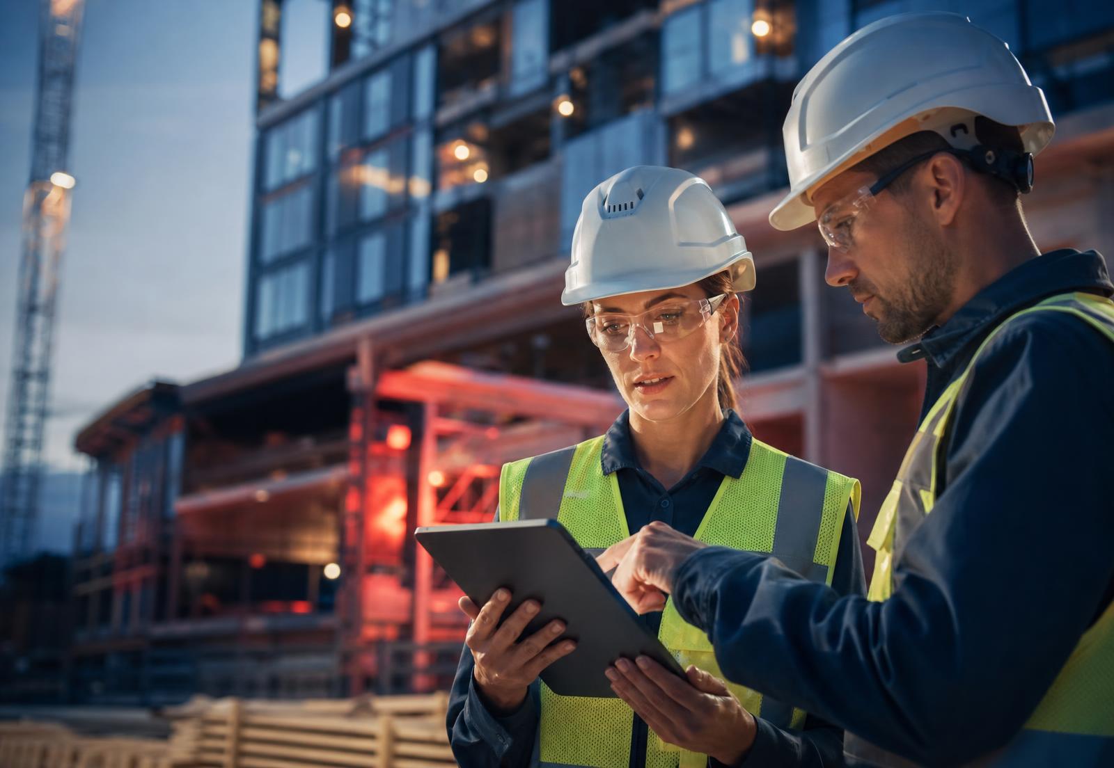 A woman contractor in a hard hat and safety vest reviewing digital plans on a tablet with a colleague at a commercial jobsite