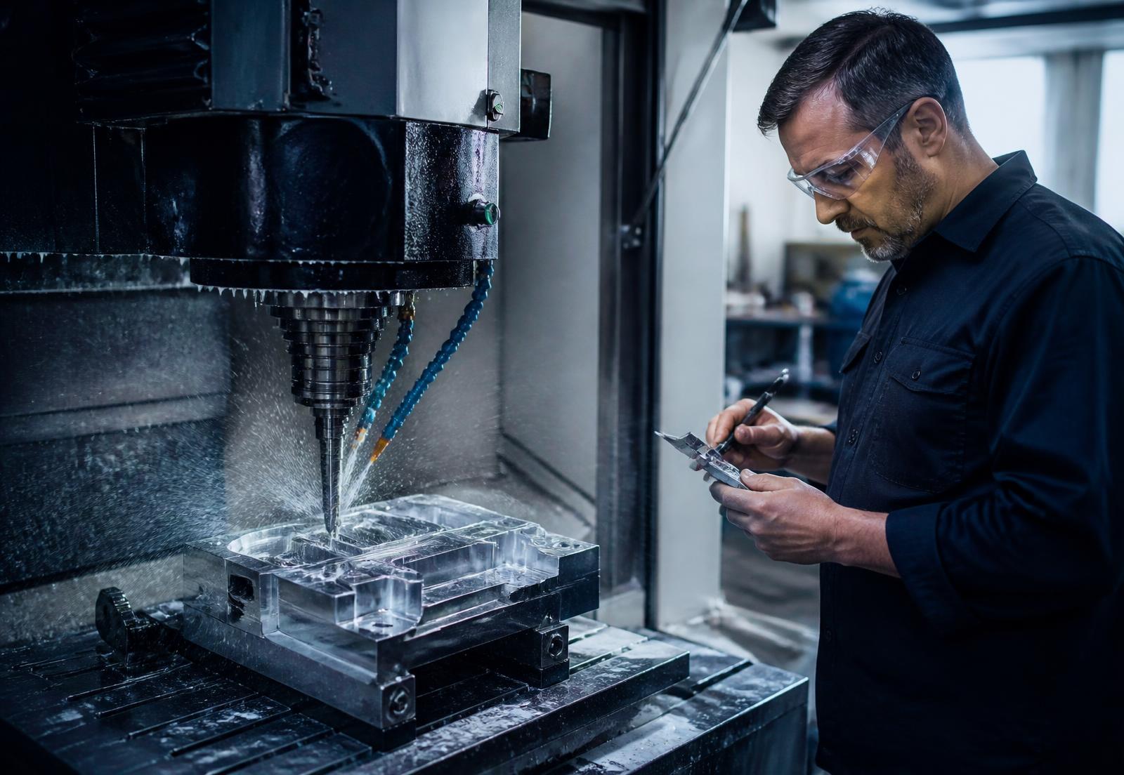 Machinist measuring a milled aluminum part beside a running CNC machining center