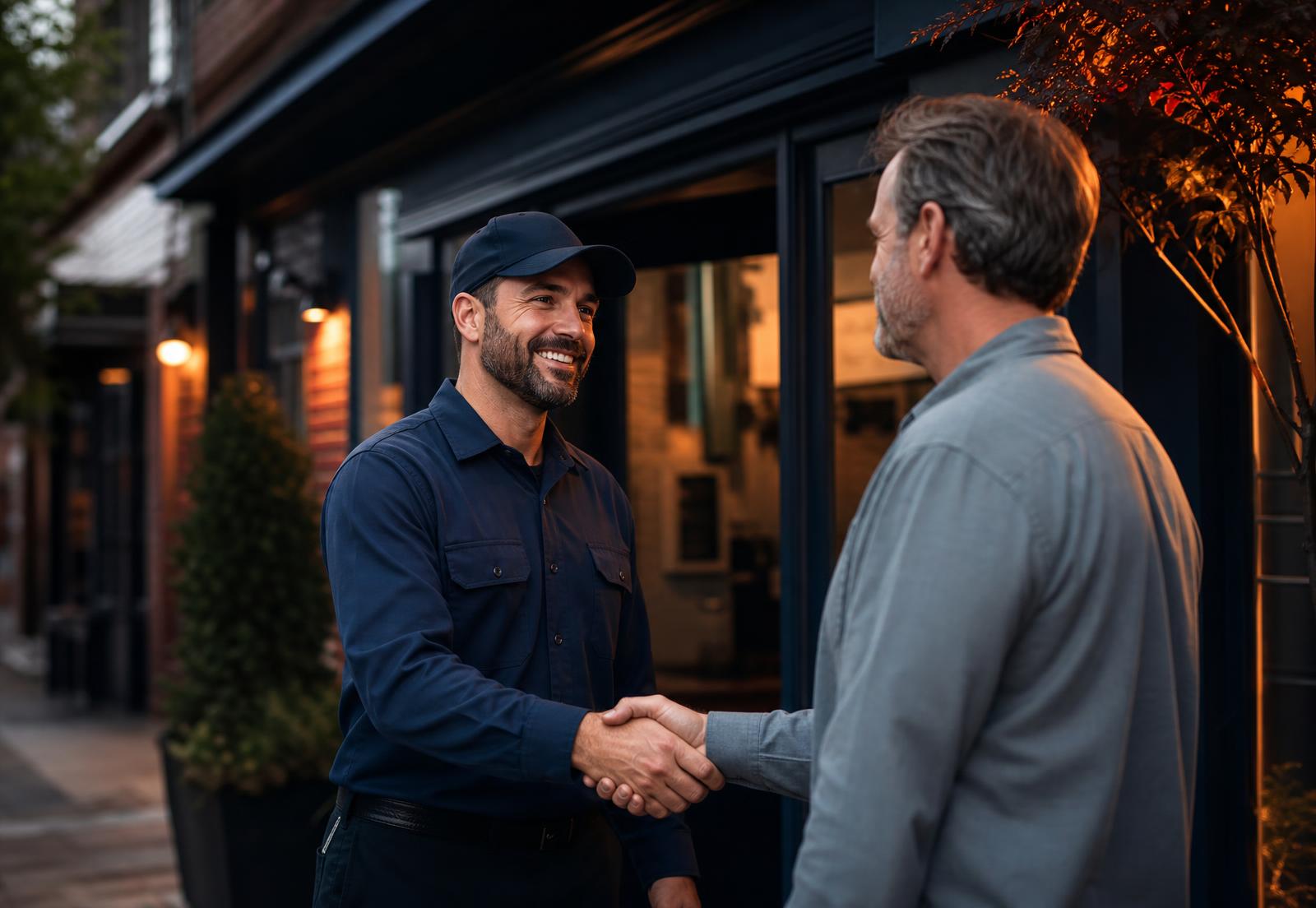 Local service business owner shaking hands with a customer outside a small shop on a neighborhood street