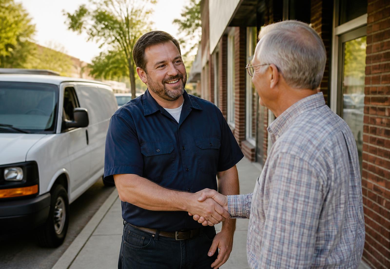 Local service business owner shaking hands with a customer outside a small shop on a neighborhood street